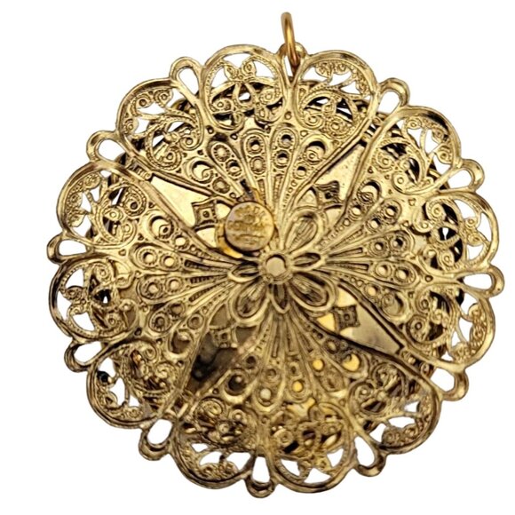 West Germany Gold Tone Filigree Pink Givre Pendant, Signed K226 - Picture 6 of 8